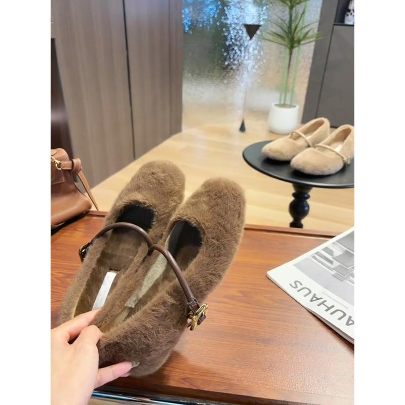 Wool version inner height increase outer wear velvet warm shallow mouth single shoes women's one-word buckle versatile gentle fluffy shoes