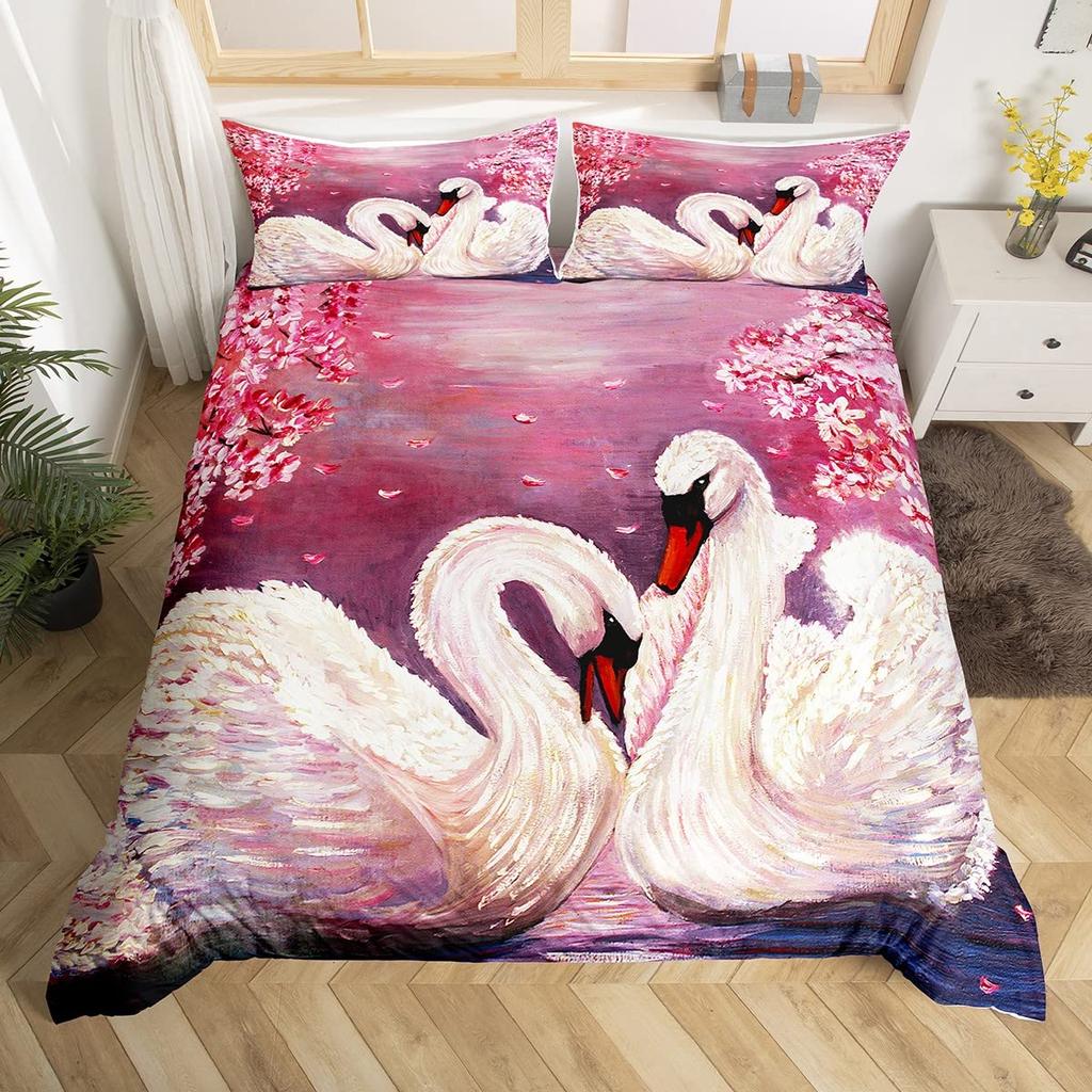 Romantic Swan Duvet Cover Set King Wild Animal Comforter Cover Butterfly Floral Bedding Set For Valentine's Day Wedding Decor
