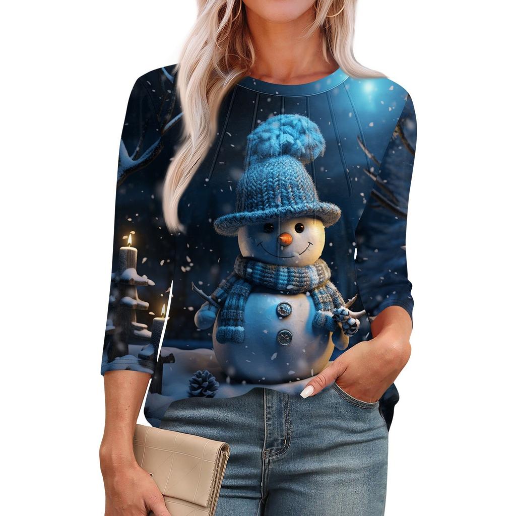 Damen Modisches Rundhals-T-Shirt mit 3/4-Ärmeln, bedruckt, lässig, Basic, Plissee-Pullover