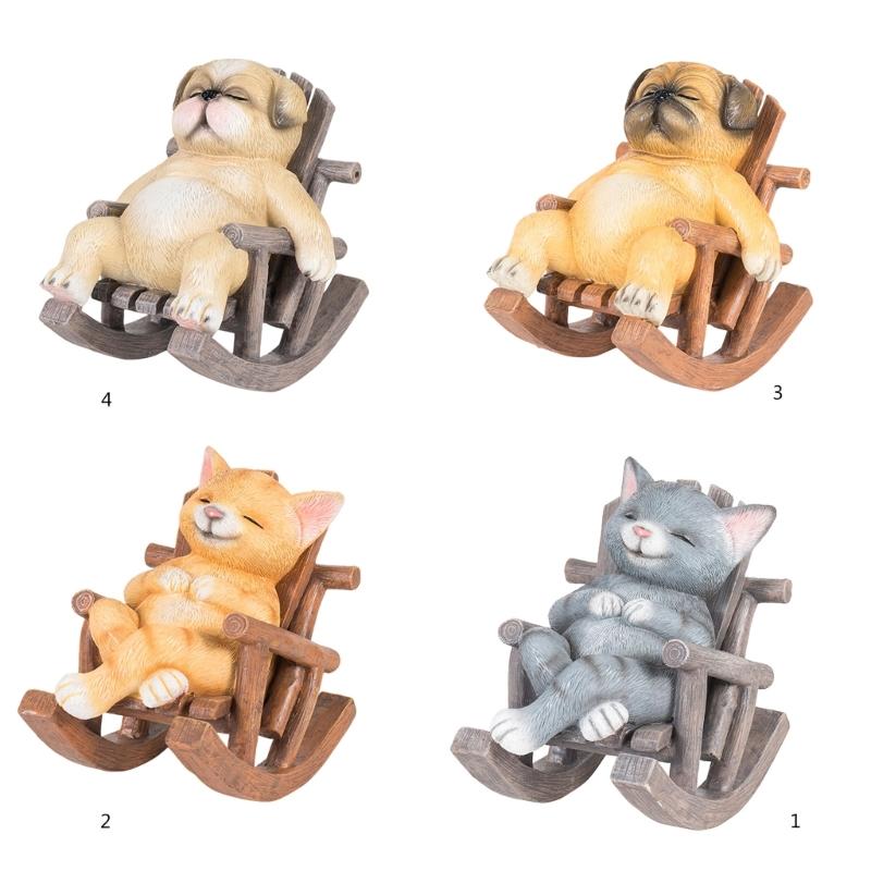 Resins Rocking Chair Cats Dog Figurine Cartoon Animal Miniature Statue for Home Office Tabletop and Shelves Decoration
