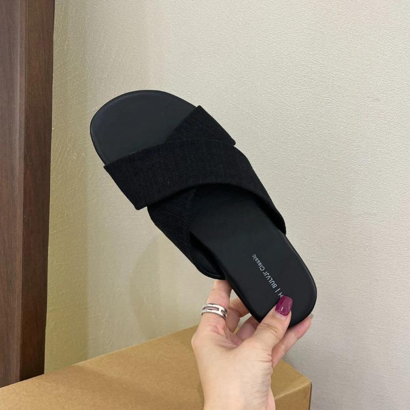 Summer niche simple wind linen flat-bottomed crossed slippers versatile outside wearing beach cool slippers women 40 чёрный