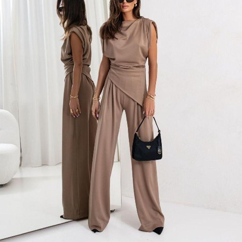 

Fashion Spring/Summer New Arrival Fashion Commuter Ol Pure Color Irregular Sleeveless Tops Straight-Leg Trousers Casual Two-Piece Suit Khaki M