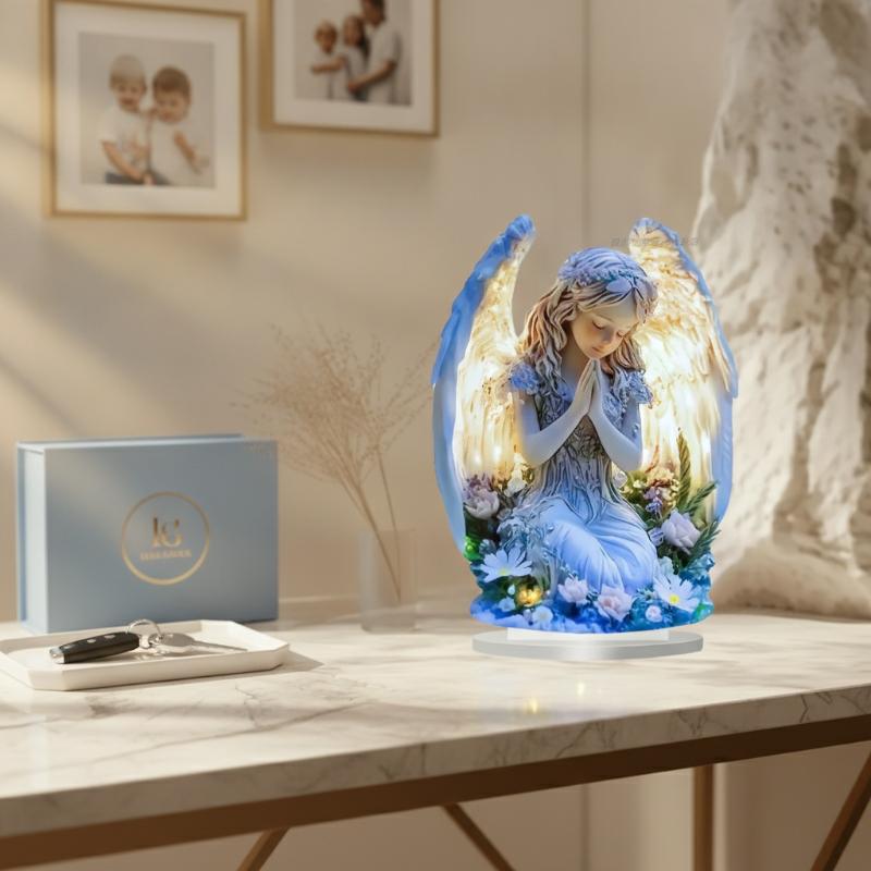 2D Flat Praying Angel Acrylic Sign, Floral Angel Figurine Table Ornament, Home Desktop Decorative Gift
