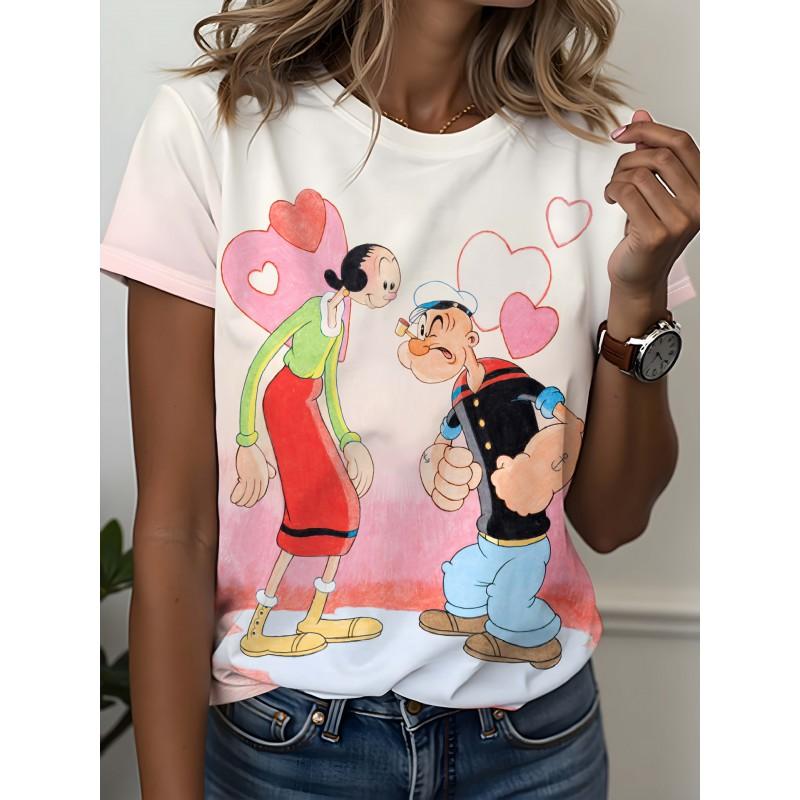 Womens Slim Fit Short Sleeve T-Shirt With 3D Cartoon Animal Print Digital Printing Casual Top