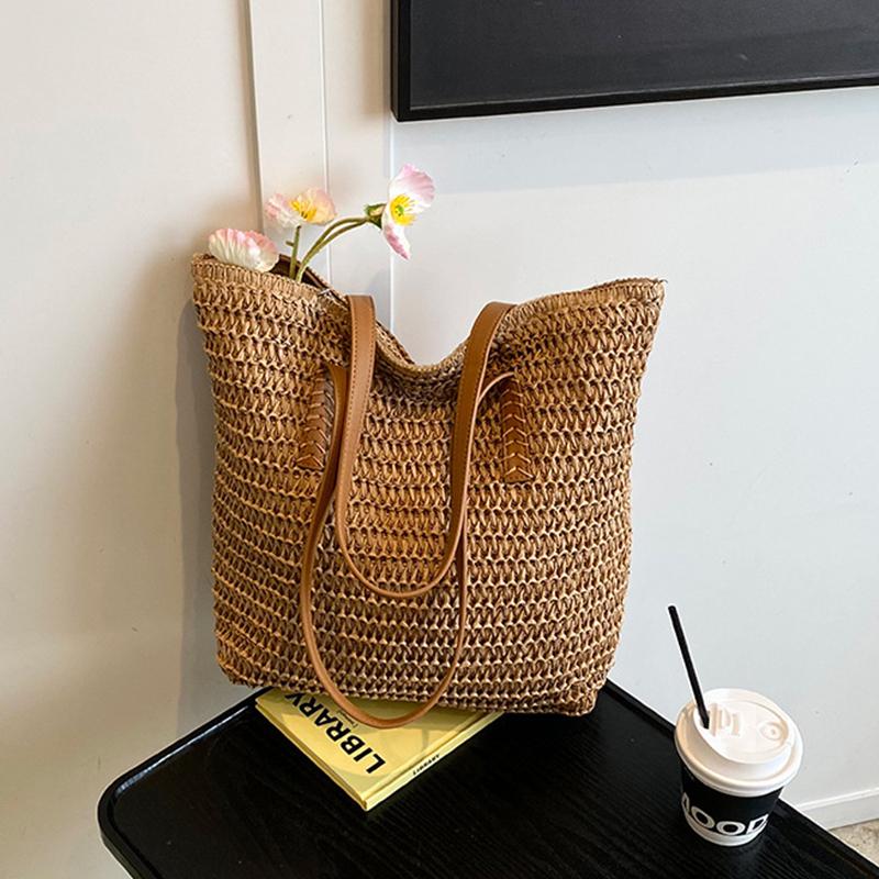 Women Top-Handle Bags Straw Summer Beach Straw Bucket Bag Woven Tote Purse Casual Travel Handbags for Women