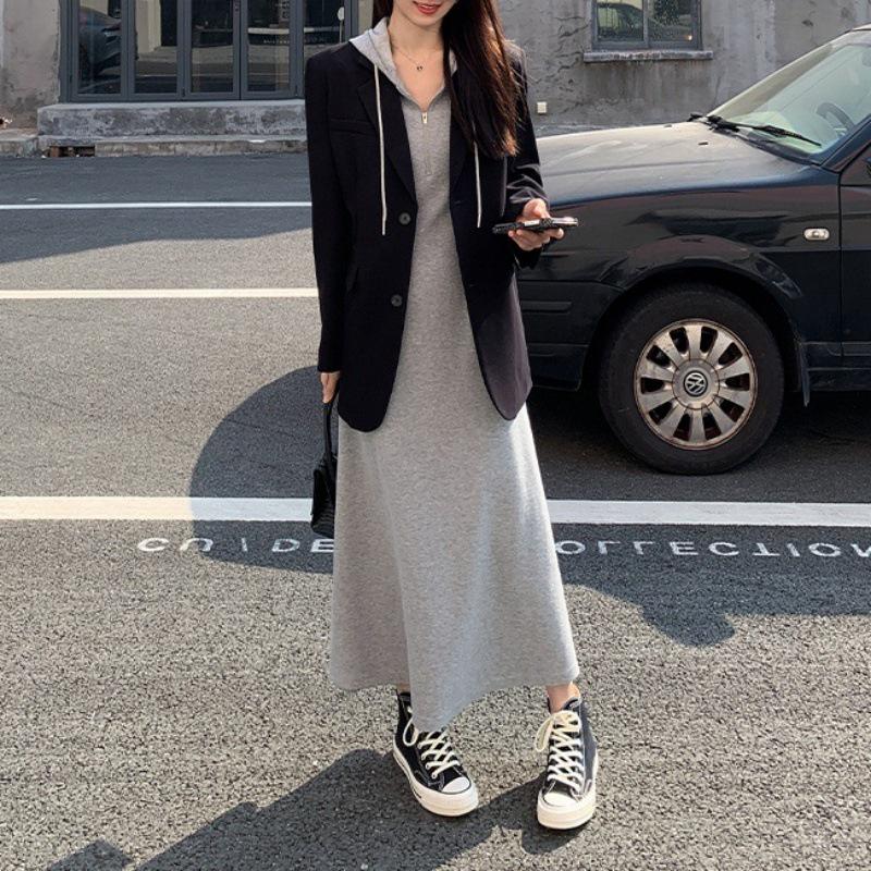 Women's French Chic Gray Hooded Knit Dress - Autumn/Winter Slimming Sweater Long Skirt