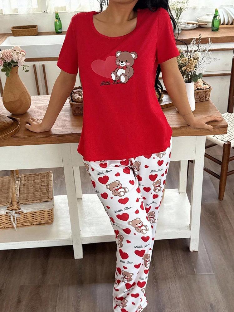 Women'S 2pcs Heart Bear Pajama Set - Cozy Red & Heart Bear Print Long Sleeve Nightgown & Pants with Elastic Waistband, Button-Up Front, Cute Pajamas