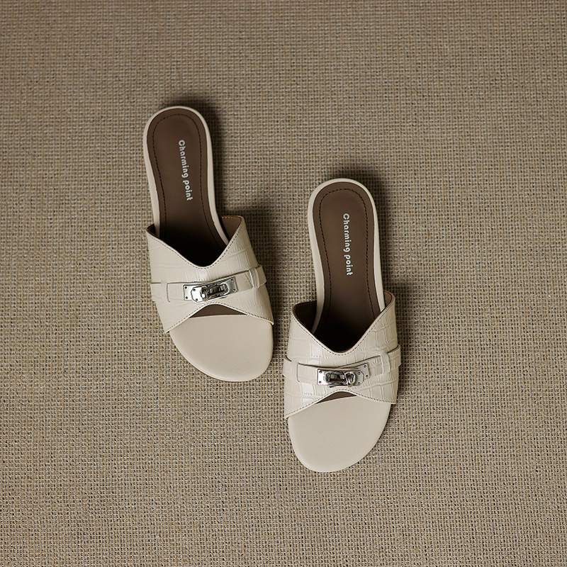 Krazing Pot Cow Skin Mules Summer Size 42 Low Heels Luxury Shoes Metal Decoration Women Superstar Women Peep Toe Slip on Sandals