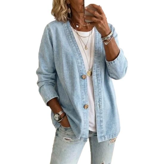 DYS Women s Button Front Faux Denim Jacket, V Neck Long Sleeve Casual Coat, Vintage Loose Fit Imitation Jeans Cardigan L