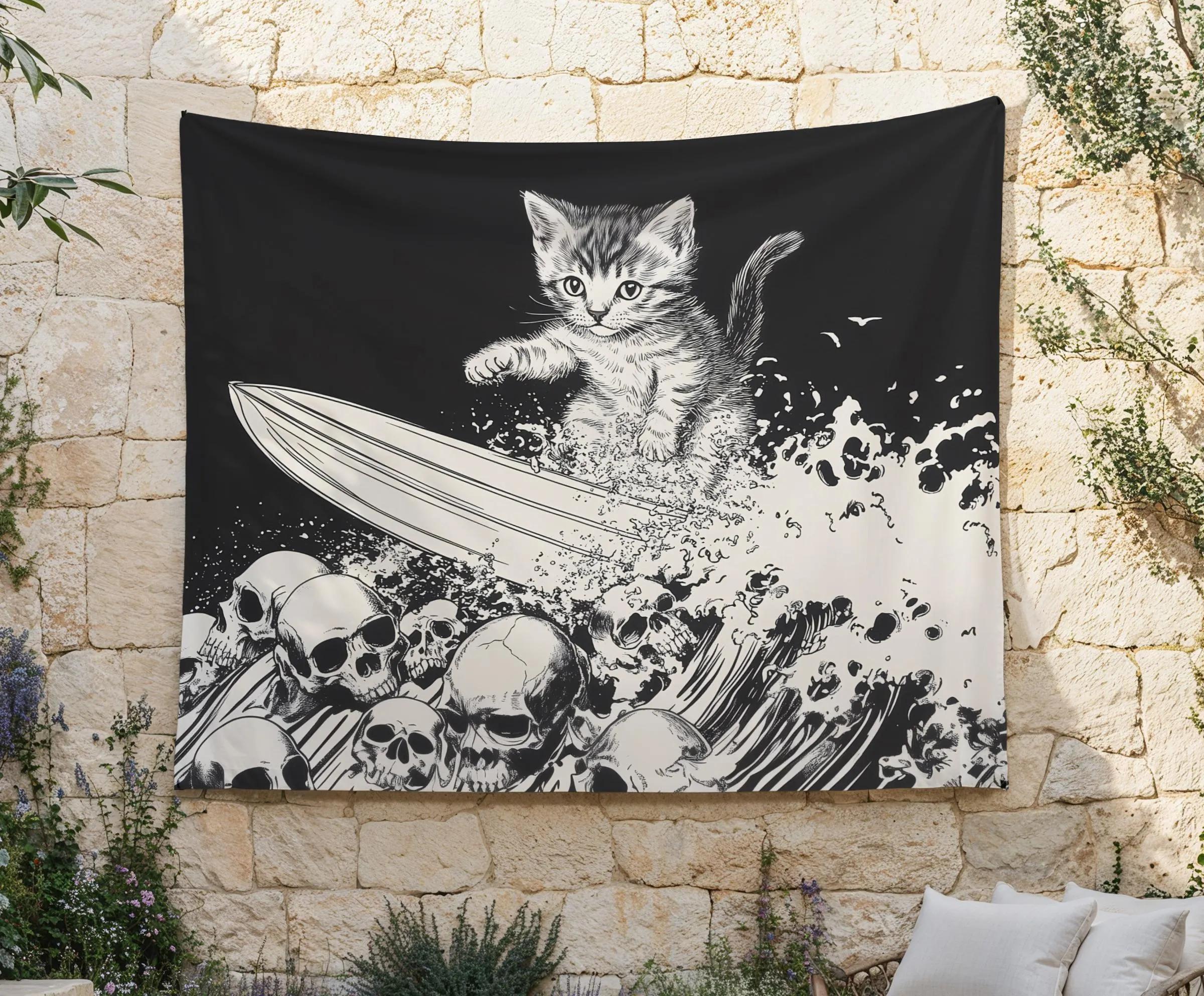 Heavy Metal Kitten Tapestry Unhinged Wall Art - Skull Surfing Cat - MTG Inspired Hardcore Funny Decor - Sea of Bones Background 100X70CM