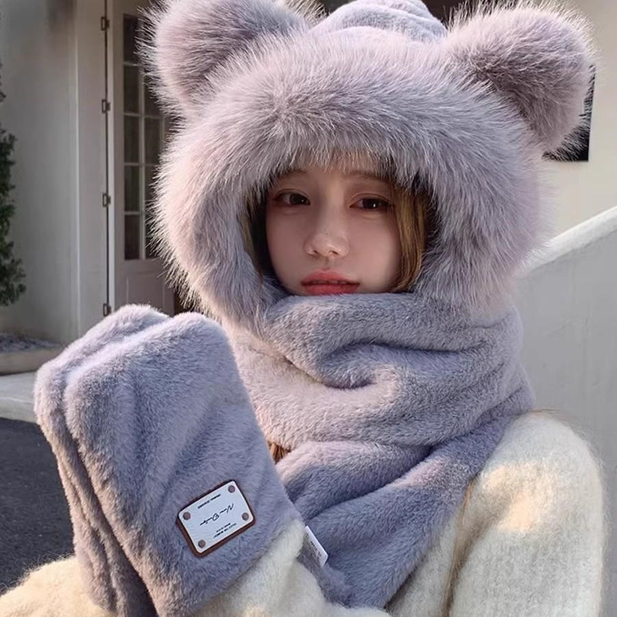 Korean Cute Plush Three-piece Set for Women's Autumn and Winter New Scarf Gloves Hat Integrated Plus Velvet Cold Proof and Warm Hat