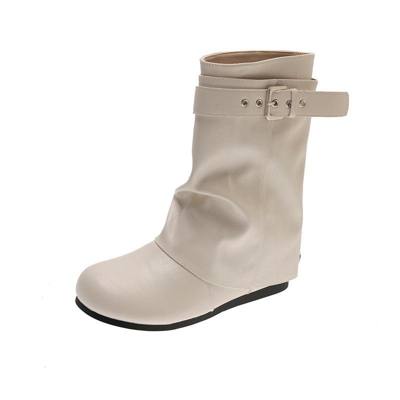 European and American style black belt buckle knight boots women's winter round head low heel pile boots small trend short boots