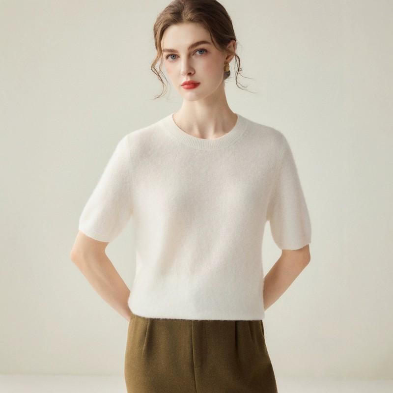 2026 Fall Winter Silk Cashmere Short Sleeve Sweater Women Crew Neck Solid Color Knit Top Commuter Thin