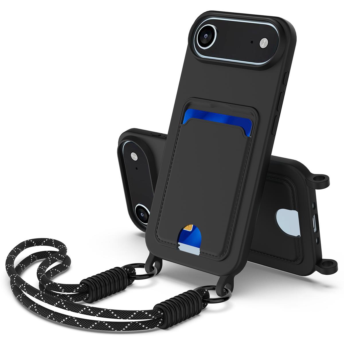

For iPhone 17 Air Case Liquid Silicone Card Holder Phone Back Cover with Short Strap Black