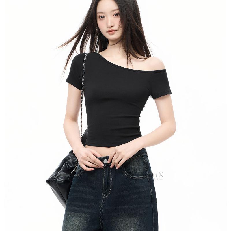 New slanted shoulder off-shoulder Spice Girl slim-fitting sexy short top