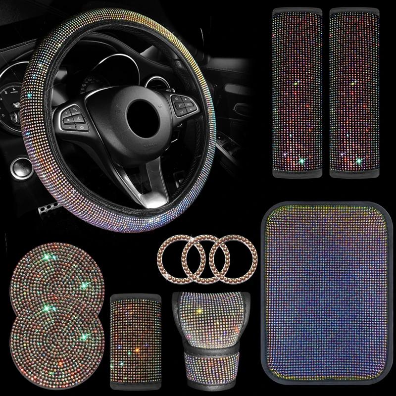 Car Accessories Set 11Pcs Women Bling Fit Steering Cover Gear Shift Pull Cover Armrest Shoulder Pad Coasters Start Stop Stickers