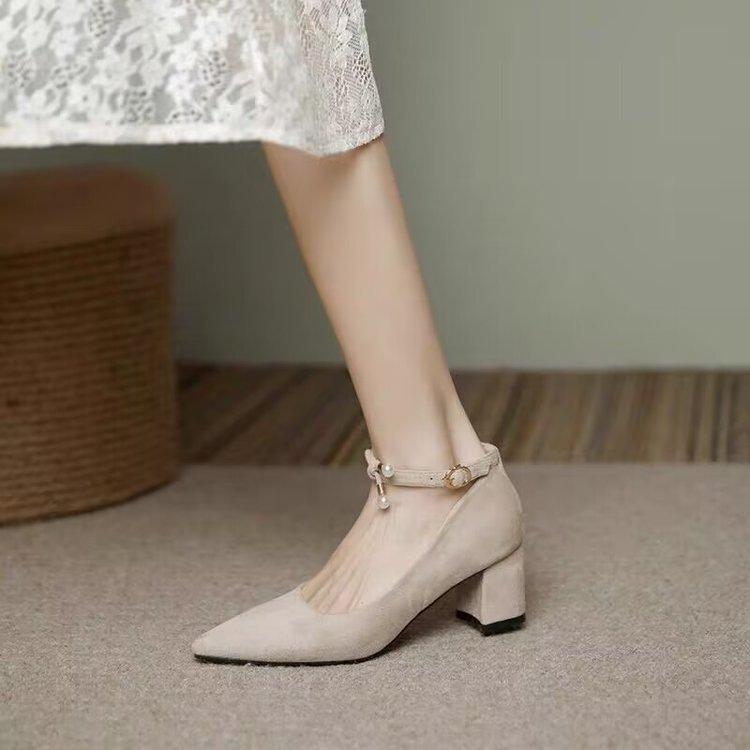 French high heel with skirt shoes pearl single shoes medium heel thick heel etiquette temperament Shu dress black