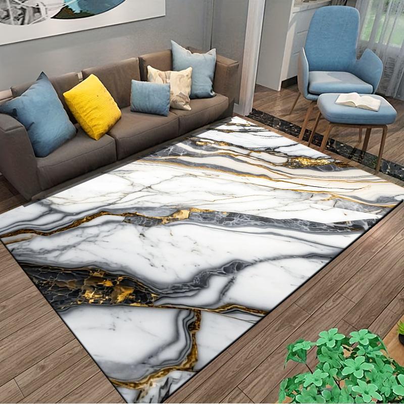 Marble Design Carpet with White, Black, and Gold Streaks for Bedroom Suitable for use as an anti-slip for living room bedroom sofas
