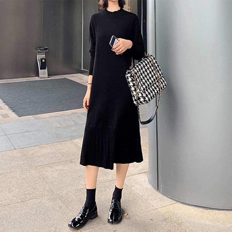 Lace semi-turtleneck pleated hem knitted dress autumn and winter new stacked wear with coat thin bottom sweater skirt