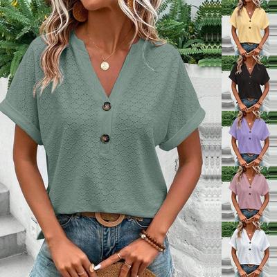 Neues Damen Kurzarm-T-Shirt, Modisches und lässiges einfarbiges V-Ausschnitt-T-Shirt mit Knöpfen für Damen