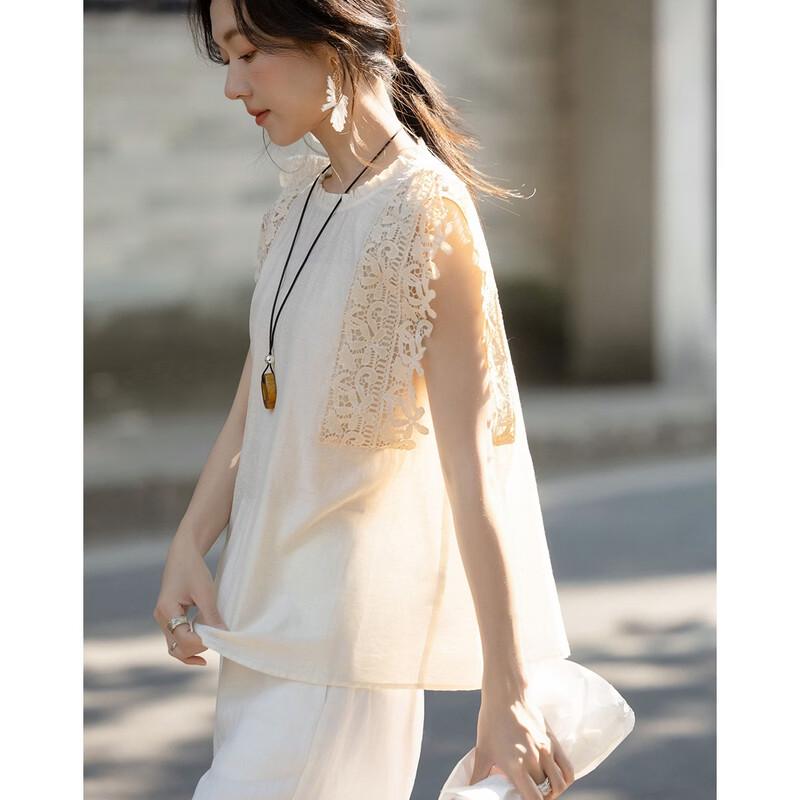 Demana Women's Linen Blend Ruffle Trim Sleeveless Blouse