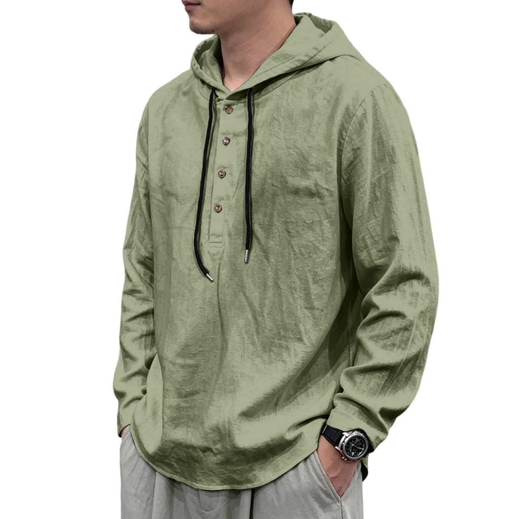 Men's Long Sleeve Hoodie Shirt Linen Drawstring Button Front Pullover Casual Loose Fit Lightweight Top for Spring Autumn