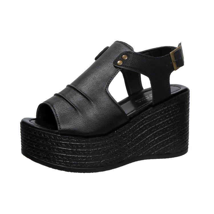 Keilsandalen mit großem Absatz, Damen-Frühlings-Sandalen mit Ein-Wort-Schnalle, europäische und amerikanische Mode, Plateausandalen, bequem und atmungsaktiv