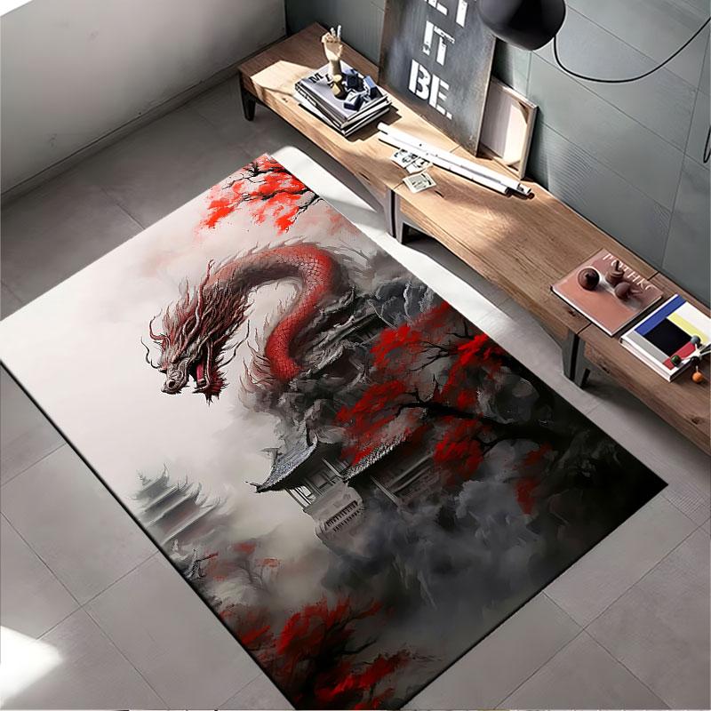 Red Dragon Amid Mystic Temple suitable as a non-slip mat for the living room or bedroom sofa