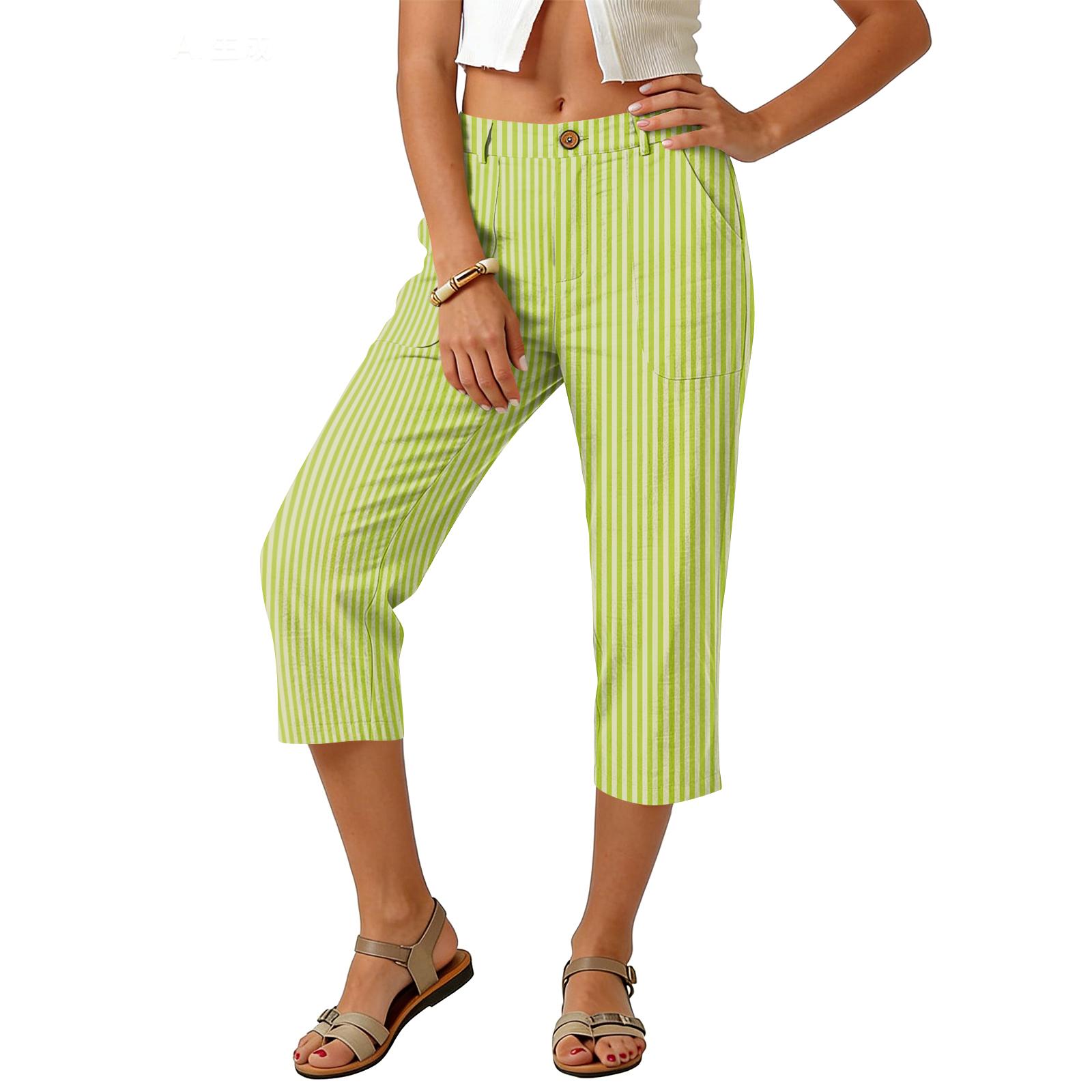 

Women’s Cropped Pants with Vertical Stripe Pattern Relaxed Fit Mid Rise Button Closure Casual Trousers with Pockets for Everyday Wear M зелений