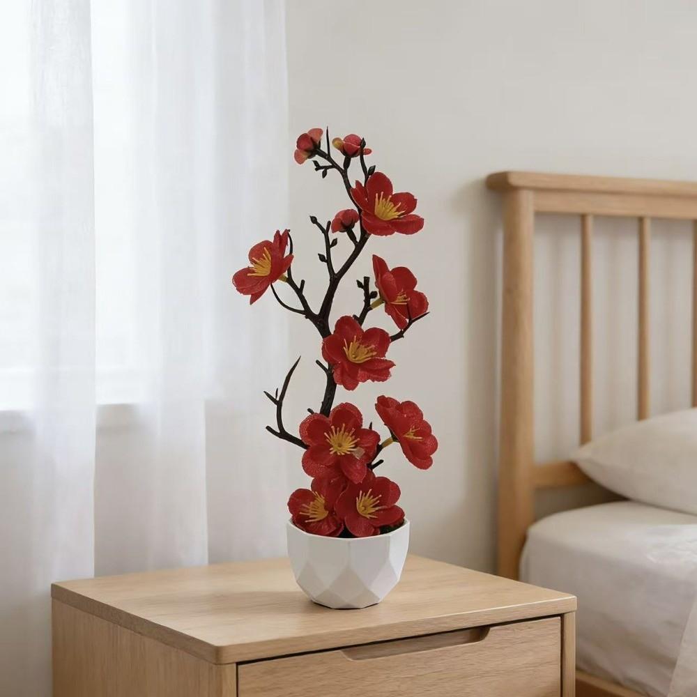 Small Fake Wintersweet Flower Bonsai with White Pot Artificial Faux Plants Indoor Decoration