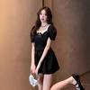French High-end Hepburn Style Daughter Feeling Small Black Dress Women's Summer Niche Square Neck Bow Bubble Sleeve Dress