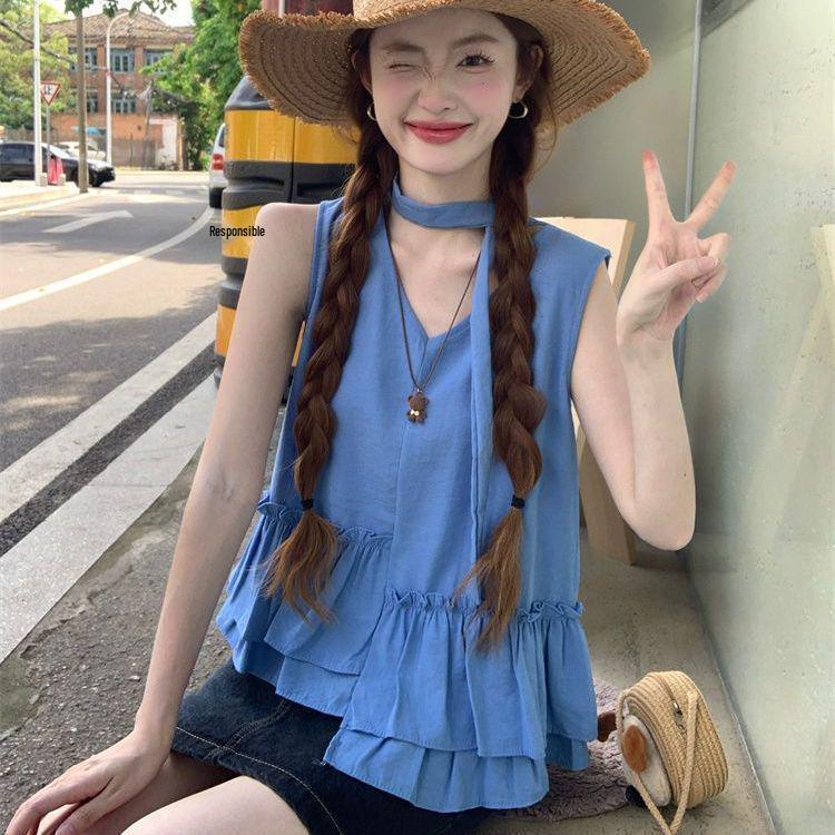 Women s French V-Neck Ruffled Vest - Irregular Slimming Sleeveless Top S (recommended 75-95 jin) синий