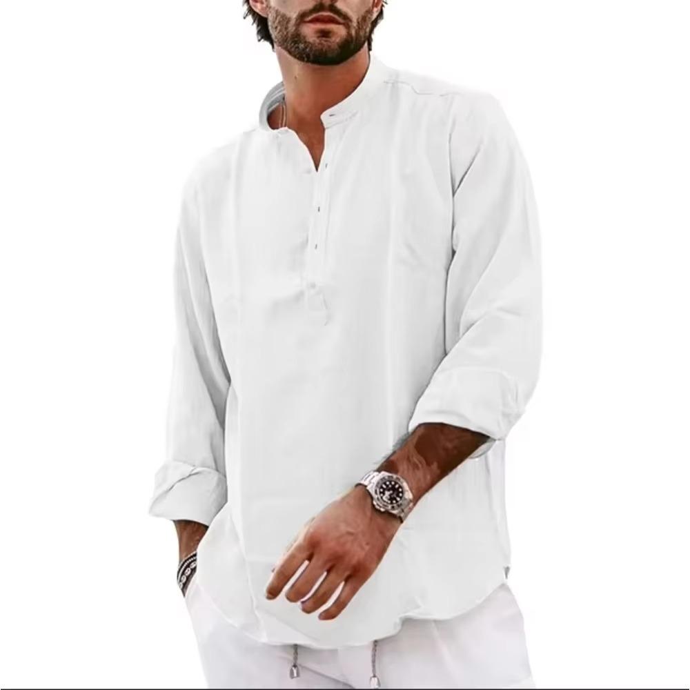 Moderní černé bavlněné lněné henley košile pro muže Lehké s dlouhým rukávem Ležérní streetwear