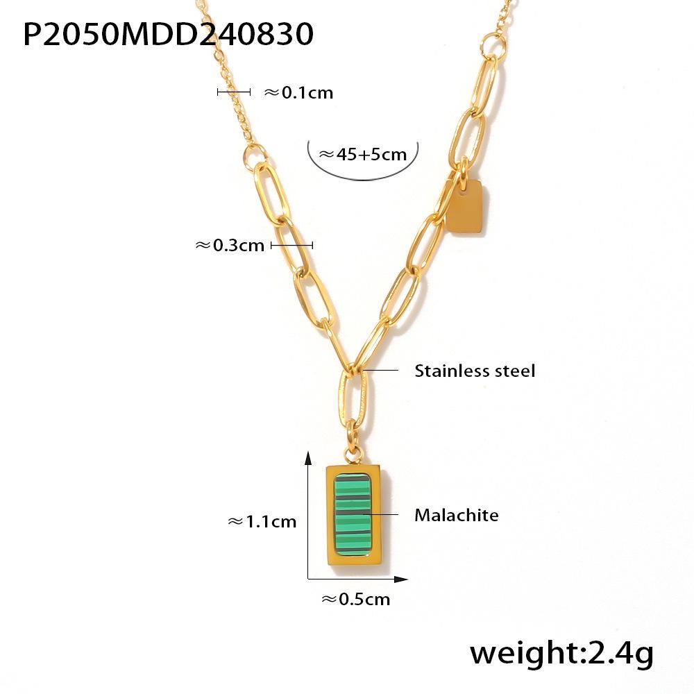 18K Gold-Plated Malachite Green Striped Collarbone Necklace - Small Square INS Style Retro Jewelry