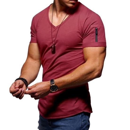 Men Solid Color Zip Pocket V Neck Short Sleeve T-shirt Fit Plus Size Tee Top
