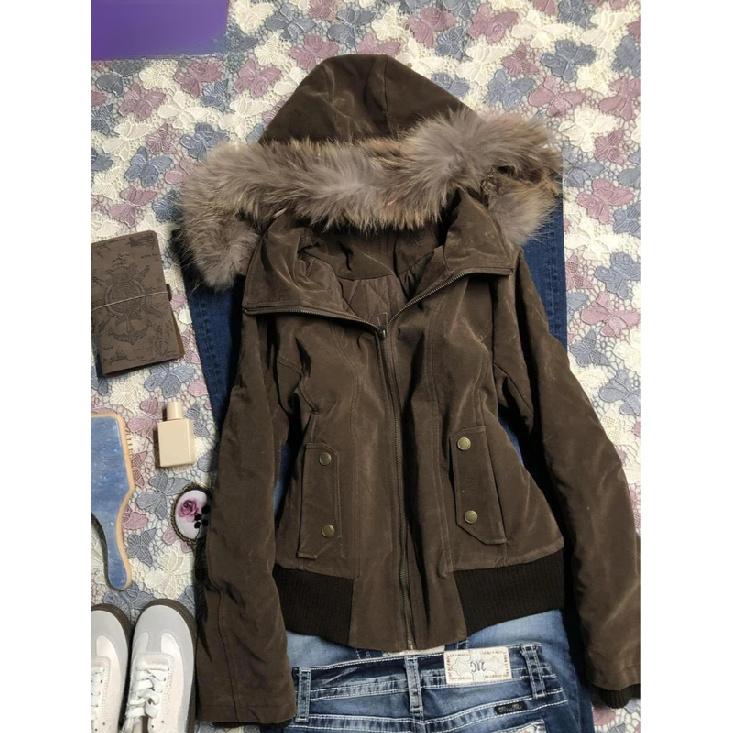 Winter American Vintage Fashion Harajuku Hooded Jacket Women Slim Brown Fur Collar Short Coat Casual Streetwear Chic Outerwear