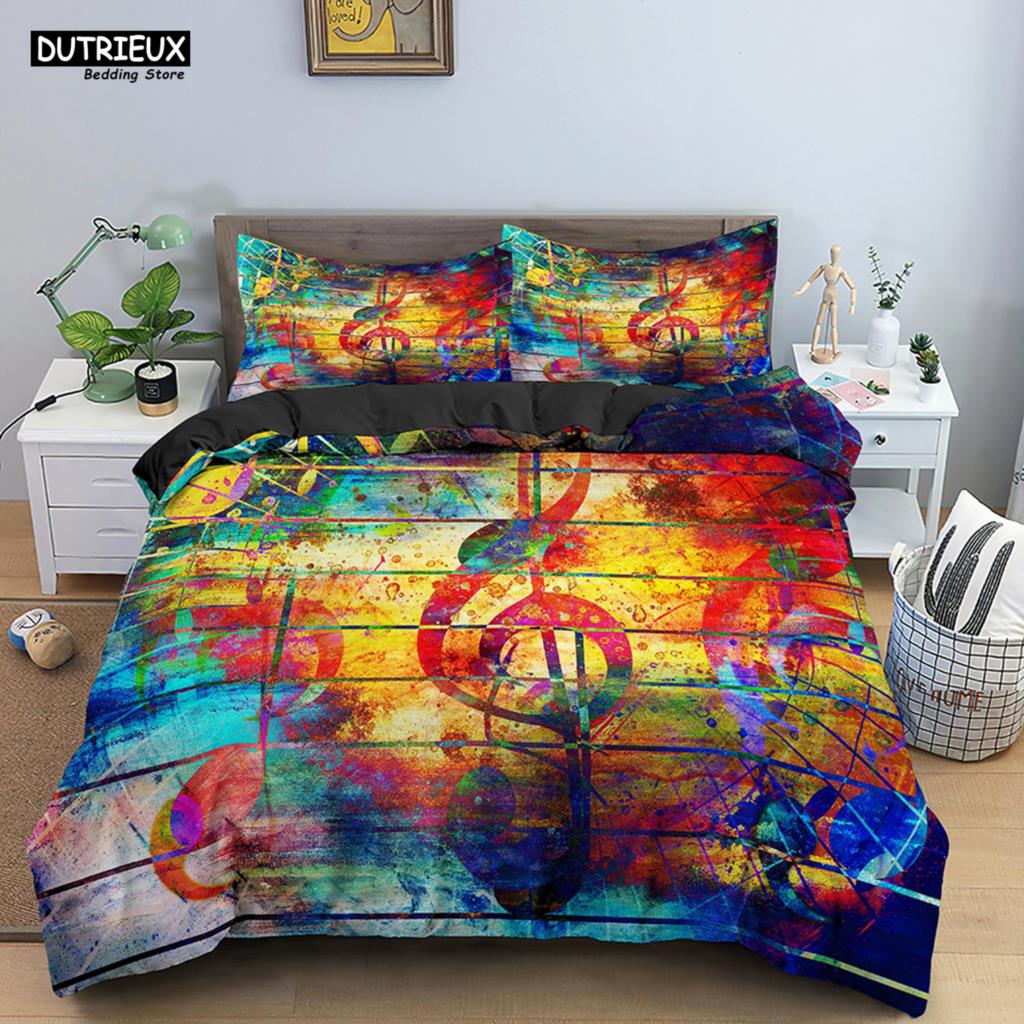 Musical Note Bedding Set 2/3pcs Music Theme Quilt Cover King/Queen Size With Pillowcase Fashionable Psychedelic Soft Duvet Cover