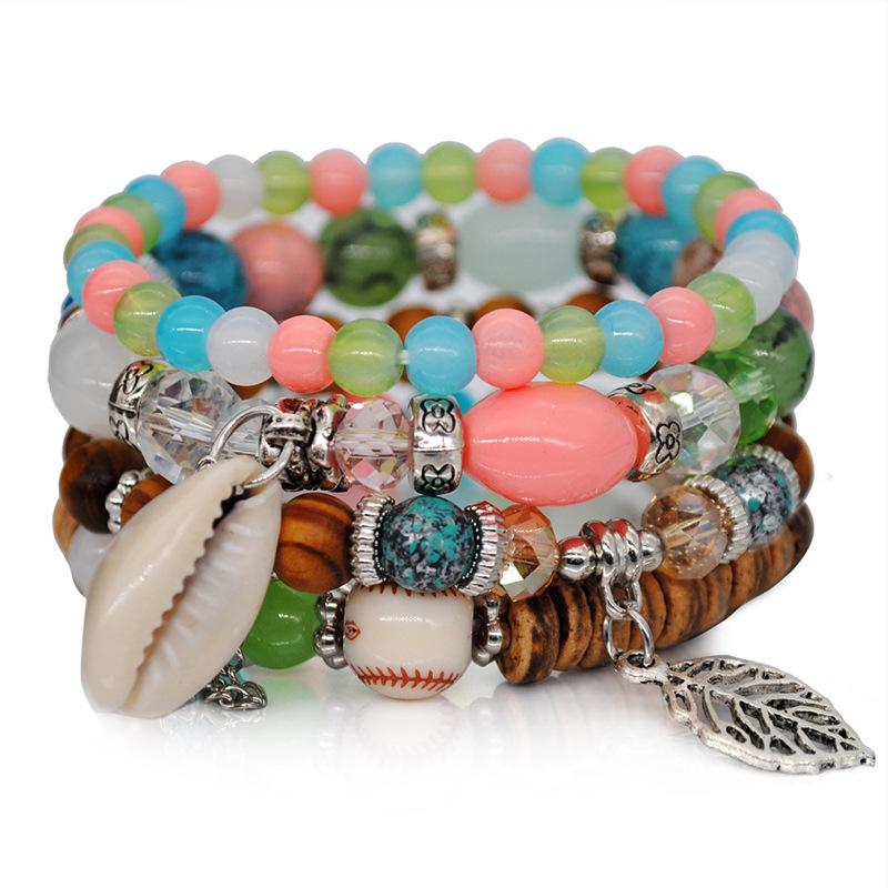 Bohemian Multi-Layer Shell Bracelet, Leaf Pendant, Crystal Resin Bracelet, Personalized Rice Bead Bracelet Generation