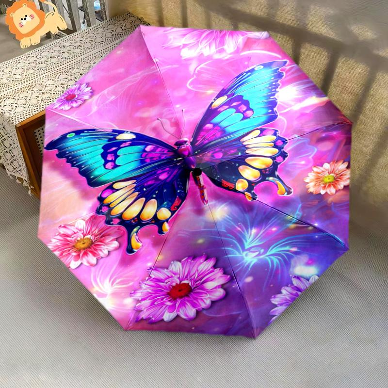 1pc Ladybugs, Butterflies Pattern Umbrella Portable Folding Umbrella Iron Frame Hole Bone Structure Outdoor Home Umbrella