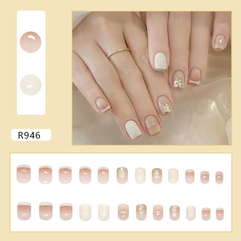 Champagne Fine Flash Milk White French Gradual Change Temperament Sweet Fake Nails Removable Manicure Tablets 24 Pieces