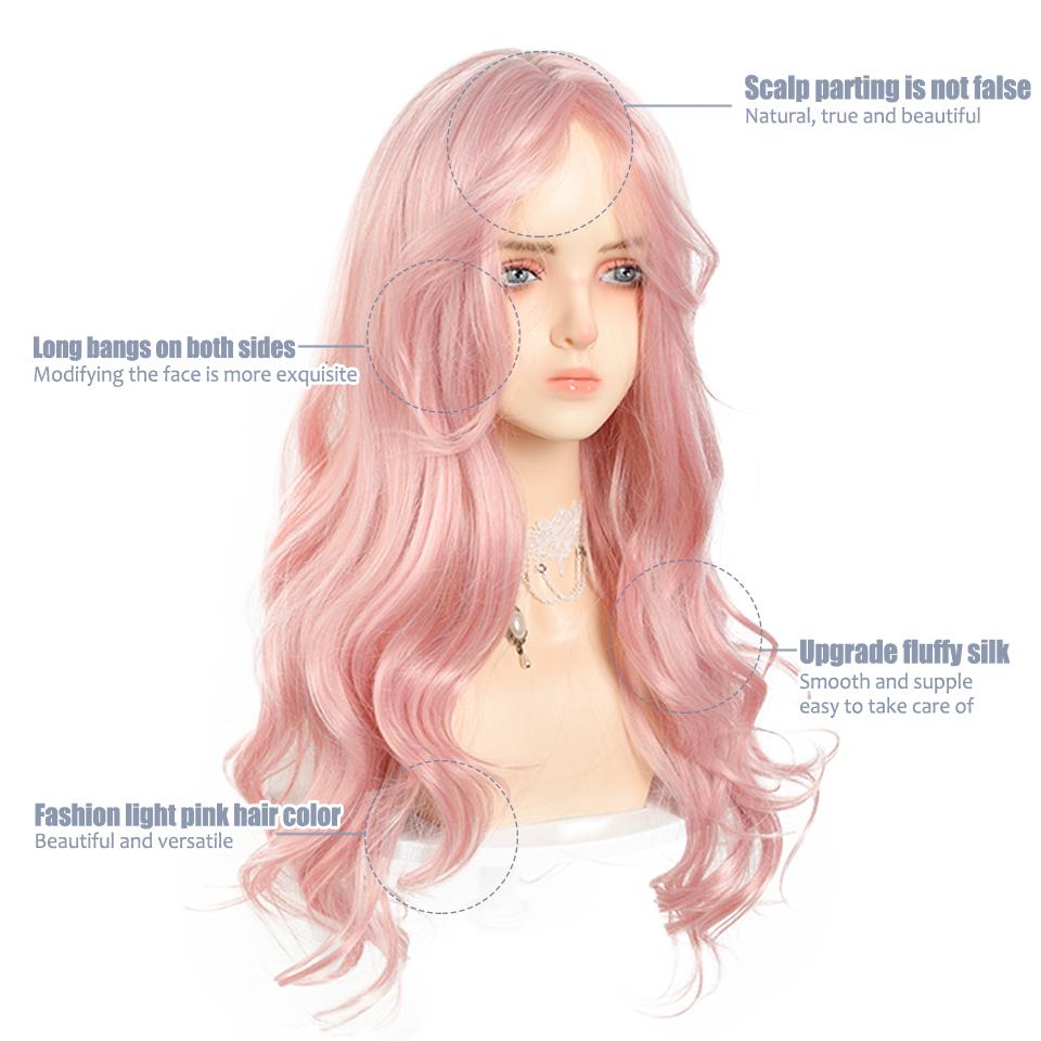 WTB Synthetic Lolita Wig Long Wave Lovely Elegant Light Pink With Bangs Ladies Wig Daily Christmas Cosplay Party Wig