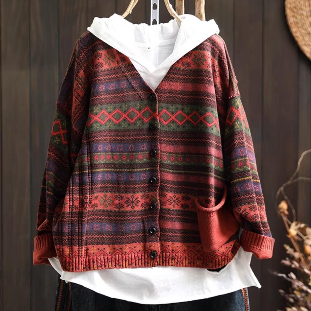 Johnature Women Vintage Sweaters Striped Print Floral Spring Chinese Style V-Neck Long Sleeve Knitted Sweaters