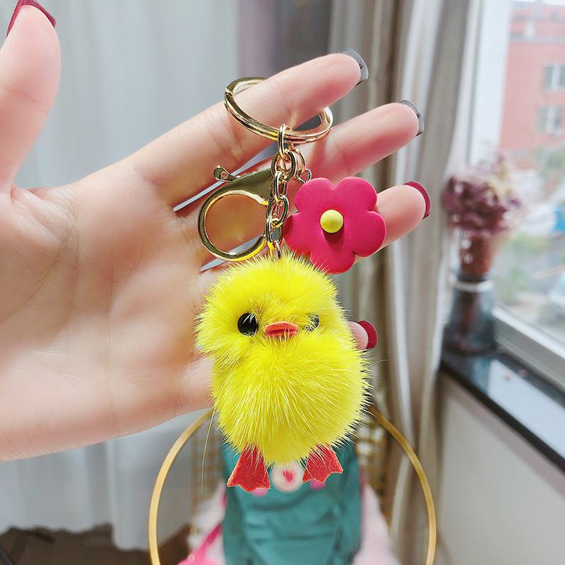 Adorable Plush Chick Keychain Accessory With Real Mink Fur Cute Cartoon Style