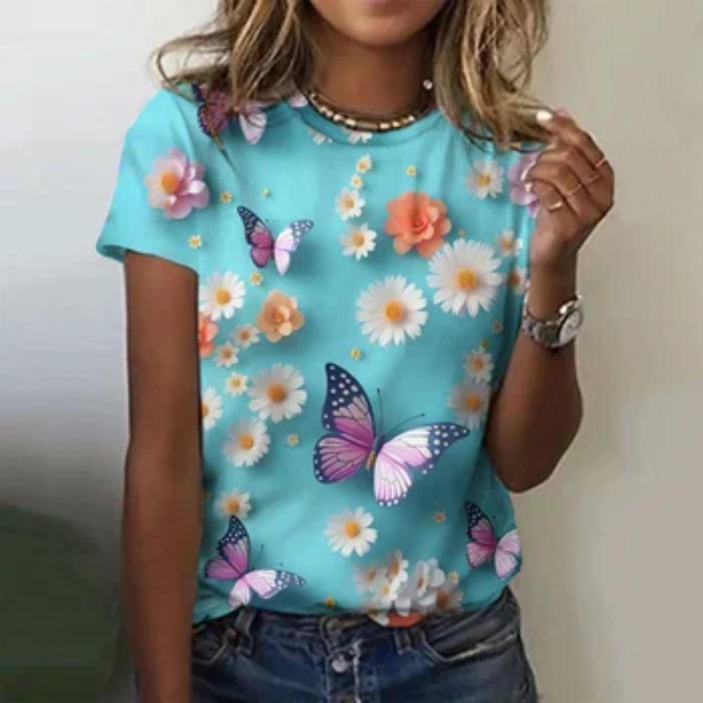 Summer Fashion Women's T-Shirt Beautiful Butterfly Flowers Printed Casual Short Sleeved Casual Oversized Round Neck T-Shirt