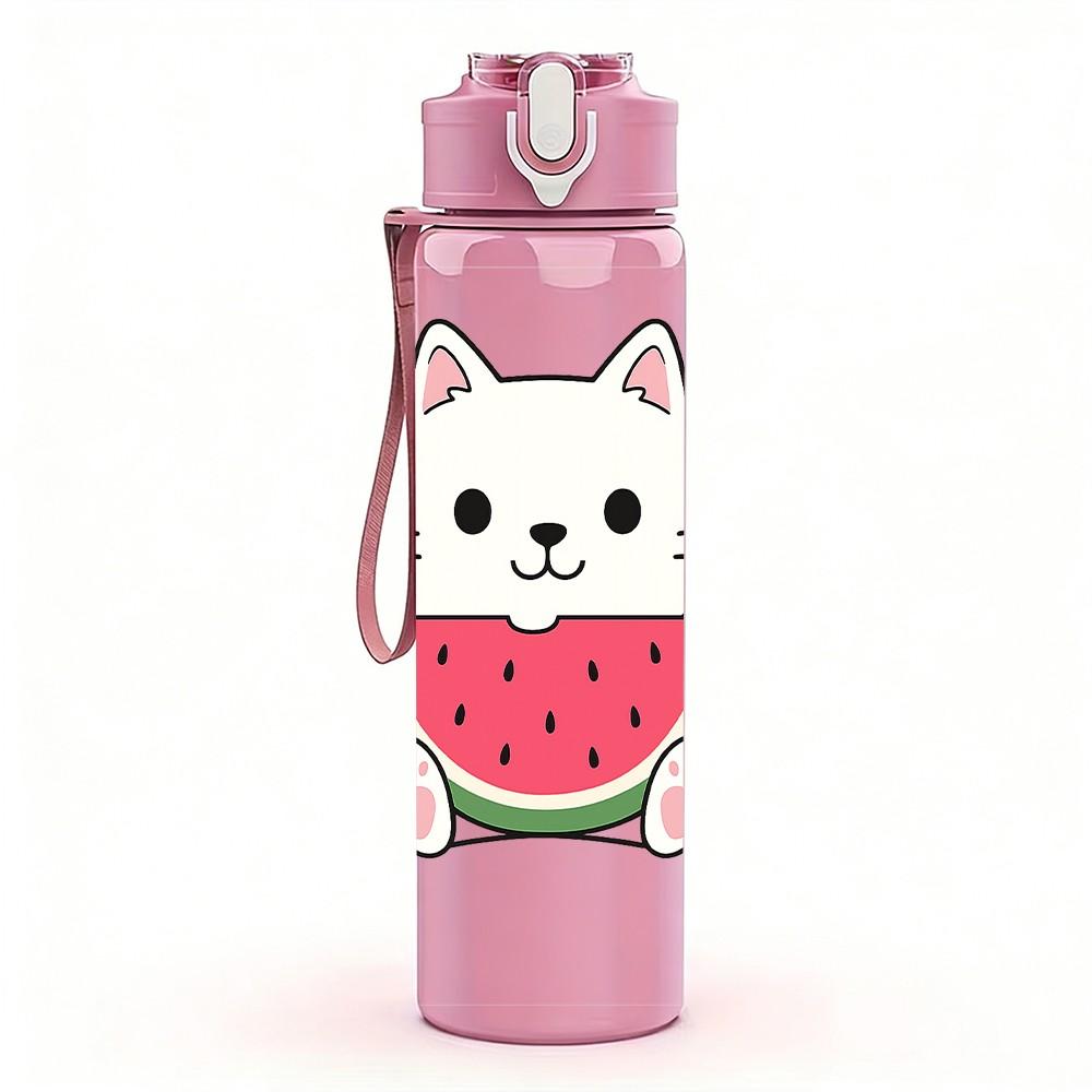 1PC White Cat Watermelon Cartoon 750ml Color Plastic Sports Water Bottle Leakproof Flip Straw Lid Suitable for Sports Office Home Use