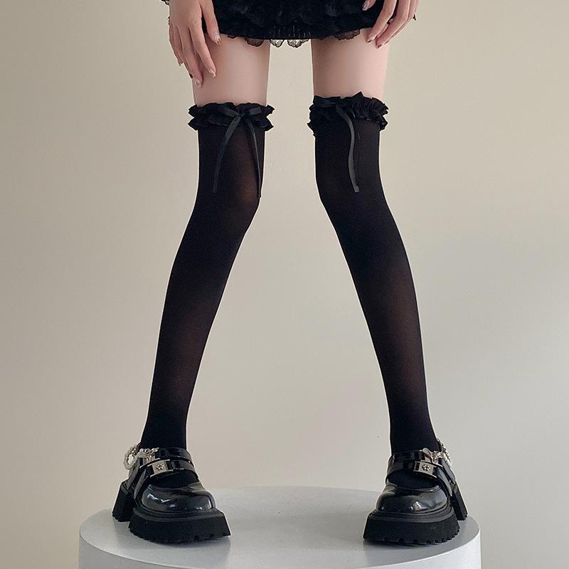 White Bow Lace-Trim Lolita Thigh-High Stockings - Spring/Summer