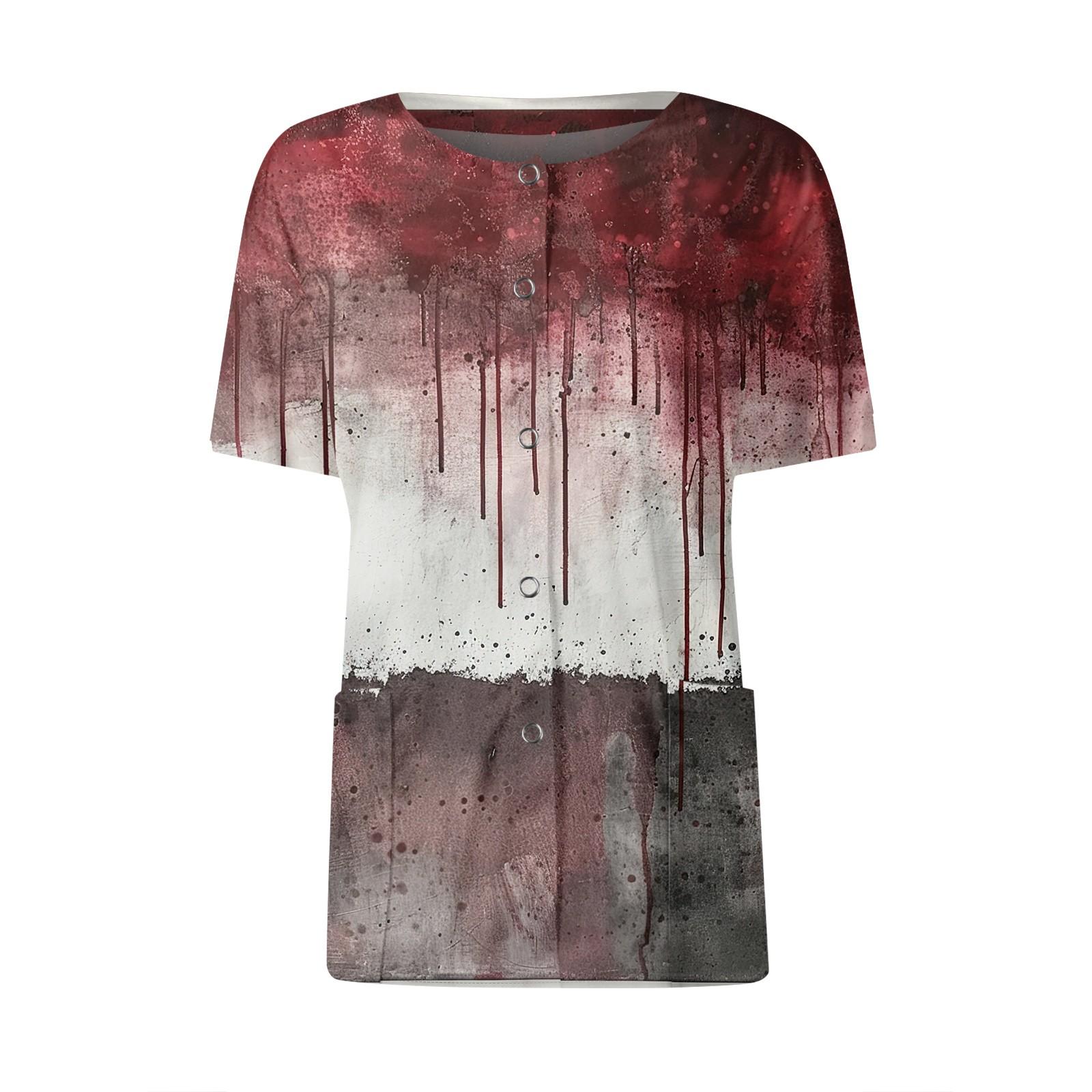 

Women s Short Sleeved Patterned Pockets, Work Print Stand Up Collar, Single Breasted Protective Clothing, Cardigan Jacket, Top M винний