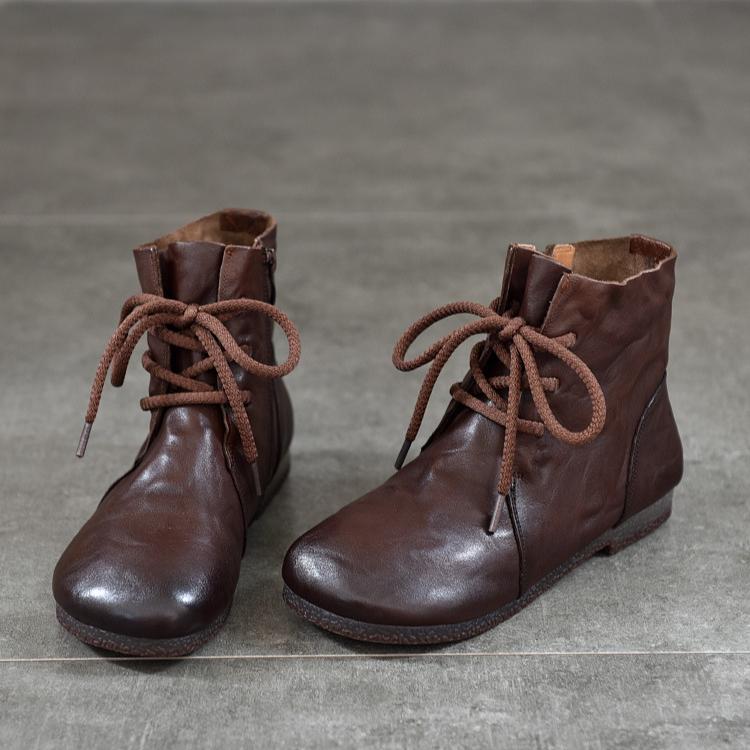 Johnature Bottes courtes plates à bout rond en cuir véritable, chaussures à lacets à semelles souples pour femmes