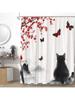 Japanese Shower Curtain Asian Style Traditional Ink Painting Cherry Blossom Plum Black Cat Vintage Bathroom Decor Curtains Set