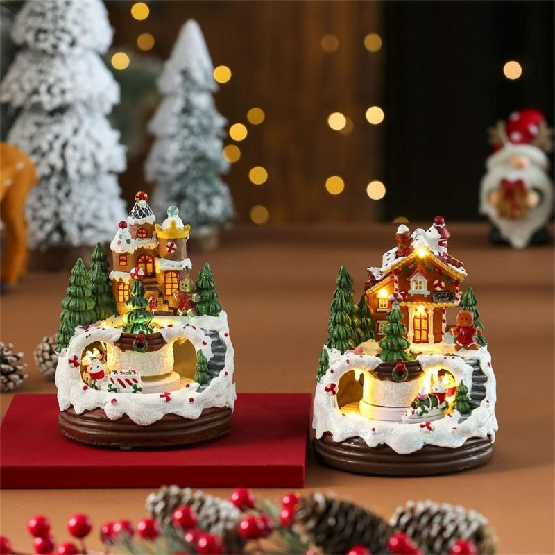 Weihnachtshütte Resin Spieluhr mit drehender Eisenbahn, beleuchtet mit LED, musikalische Weihnachtsfiguren, Weihnachtsdekoration
